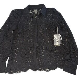 Worthington Black Floral Lace Button Down Shirt Long Sleeve Scalloped Hem XS NEW